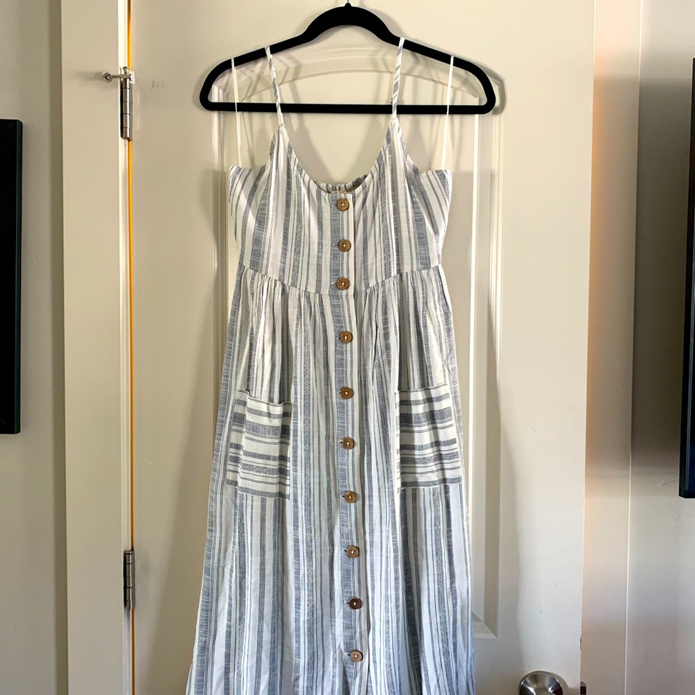 Roxy dress XS glowing wave blue and white seersucker style